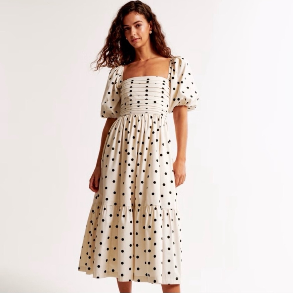 ISO: Abercrombie & Fitch Emerson Poplin Puff Sleeve Midi Dress in Cream Dot - L